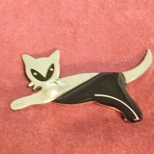 CAT BROOCH, STERLING SILVER  (925) AND ONYX, VINTAGE MEXICAN CAT BROOCH